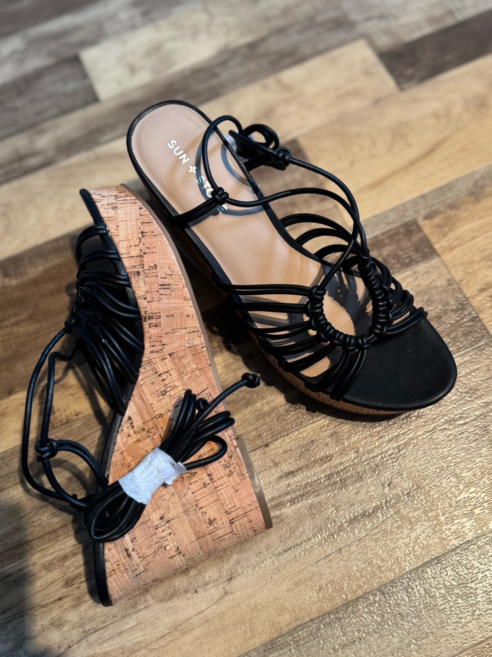 Women’s Sun + Stone Black Strappy Lace Up Cork Wedge Sandals size 11 NEW